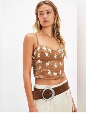 3970. FREE PEOPLE Wild Flowers Embroidered Bustier in Brown Patt NWT $98